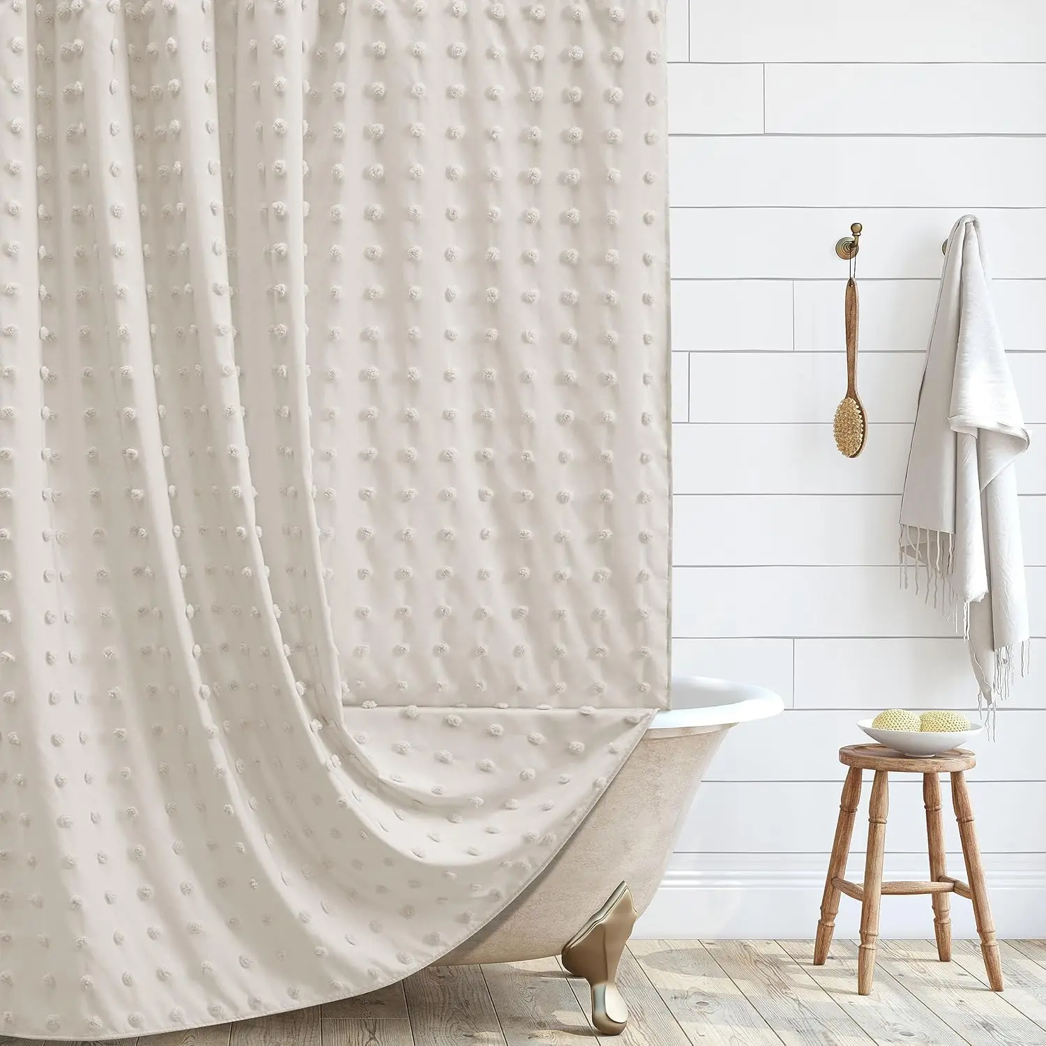 

Ex a Long Beige Boho Shower Curtain Woven Fabric Cute Shower Curtain, 72 x 96 Tufted Pleat Floral Puffs Textured Modern