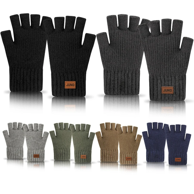Thickened Half-finger Gloves Autumn and Winter Velvet Knitted Cold-proof and Warm Half-cut Writing Wool Leaking Finger Gloves