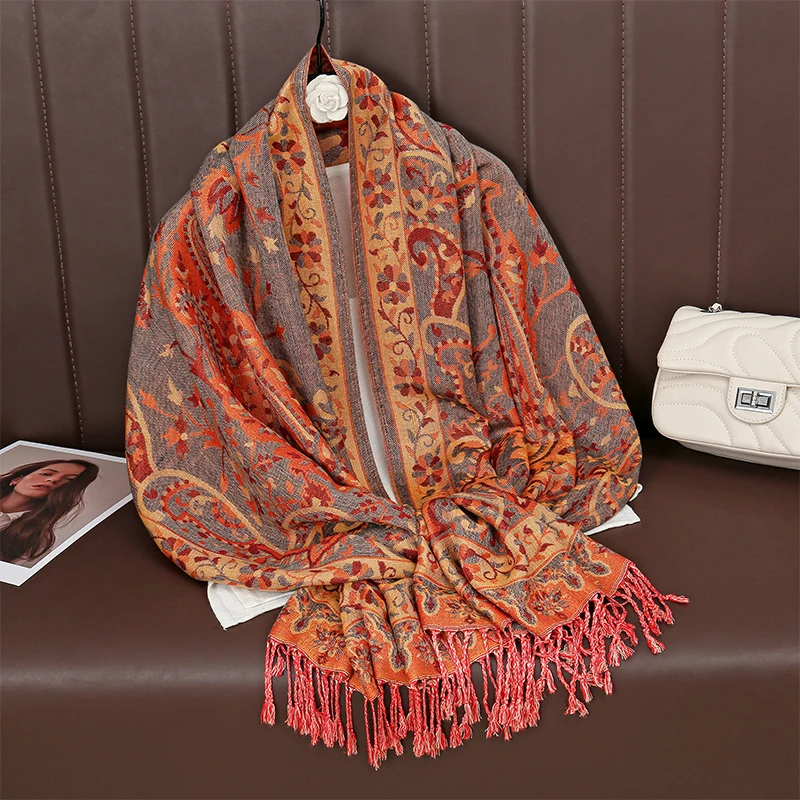 Ethnic Style Outdoor Women Retro Jacquard Scarf Thick Cashmere Tassel Shawl Winter Warm Neck Wrap Pashmina Floral