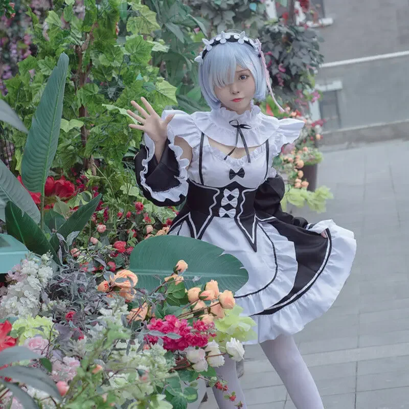 Disfraz de Cosplay de Ram Rem, disfraz de Anime Re:zero Kara Hajimeru Isekai Seikatsu, uniforme con peluca, delantal de sirvienta para niña y mujer, vestido Lolita