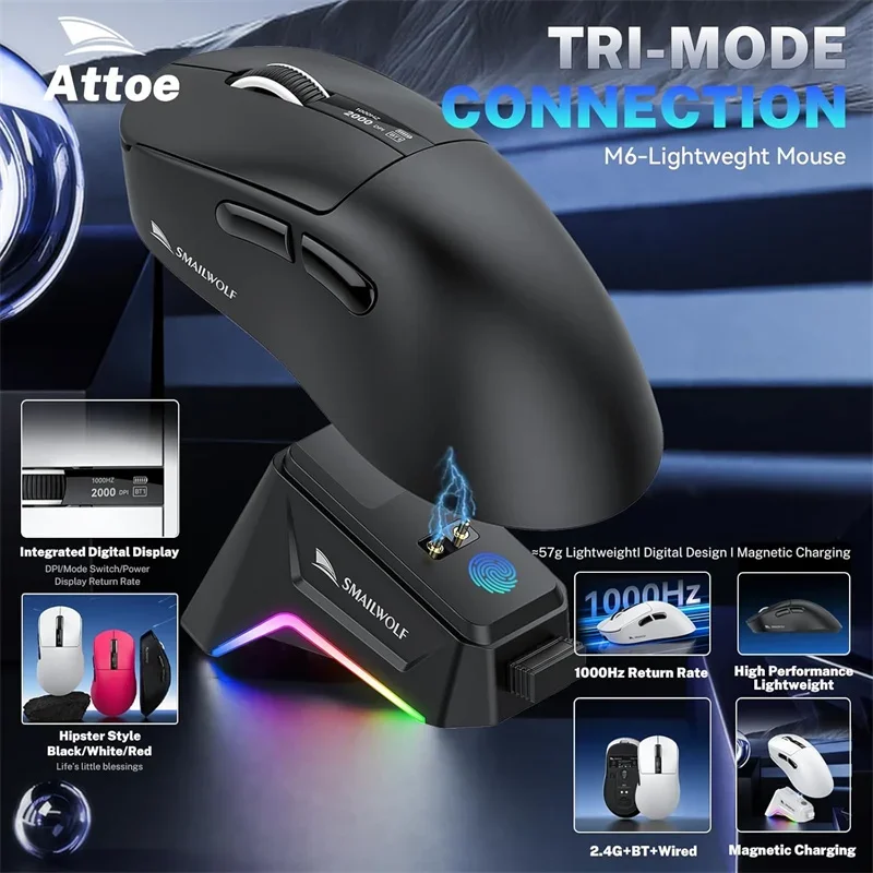 

SMAILWOLF M6 Wireless Gaming Mouse Bluetooth Mouse PAW3311 Tri-Mode Connection E-sports Mouse With RGB Magnetic Charging Dock