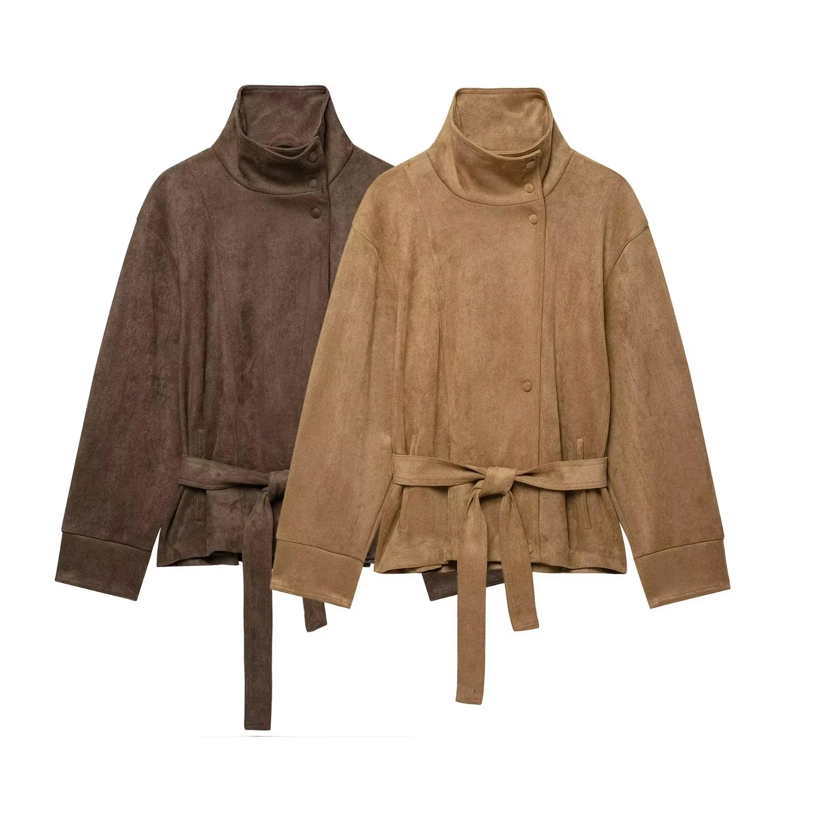 HH Damenmode Jacke aus Kunstwildleder mit hohem Stehkragen, Taillengürtel, Vintage Old Money Oberbekleidung, Frühling Herbst, formelle Anlass-Outfit – Detail 2