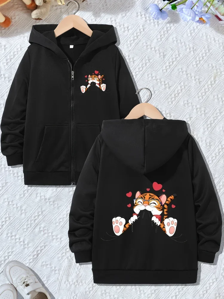 Kids Grey Zip Up Hoodie Cute Cartoon Tiger Heart Print Front And Back Pattern Long Sleeve Pocket Casual Hooded Jacket