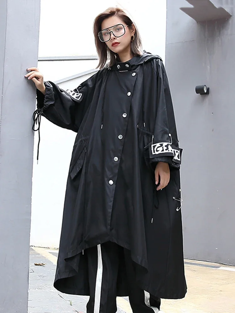 XITAO Spliced  Black Trench For Women Tide Long Print Streetwear Hoodie Casual Female Wide Waisted Coat 2019 ZLL1100