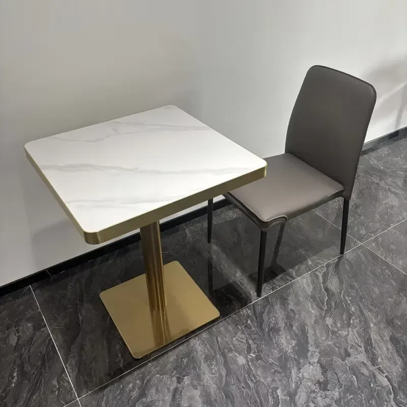 Exquisite Gold - Based 2 People Square Table White Marble - Effect Surface Fit for Premium Cafes & Diners