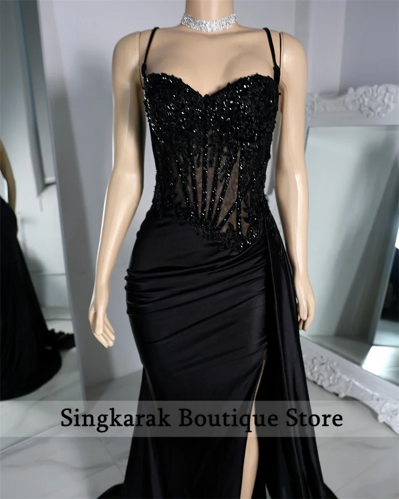 Luxury Black Mermaid Prom Dresses Strap Side Slit Lace Appliques Beads Evening Gowns Gala Party Wedding Reception Bridemaid