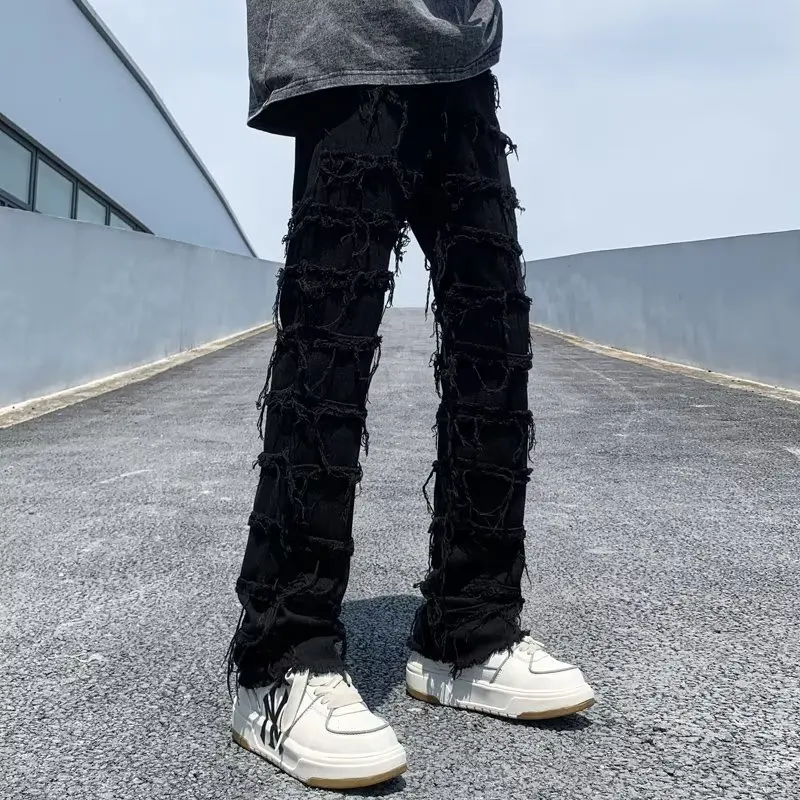High Street Frayed Hem Denim Jeans Men Women Neutral Style Slimming Pants Small Design Sensation Micro Flared Straight Leg Pants