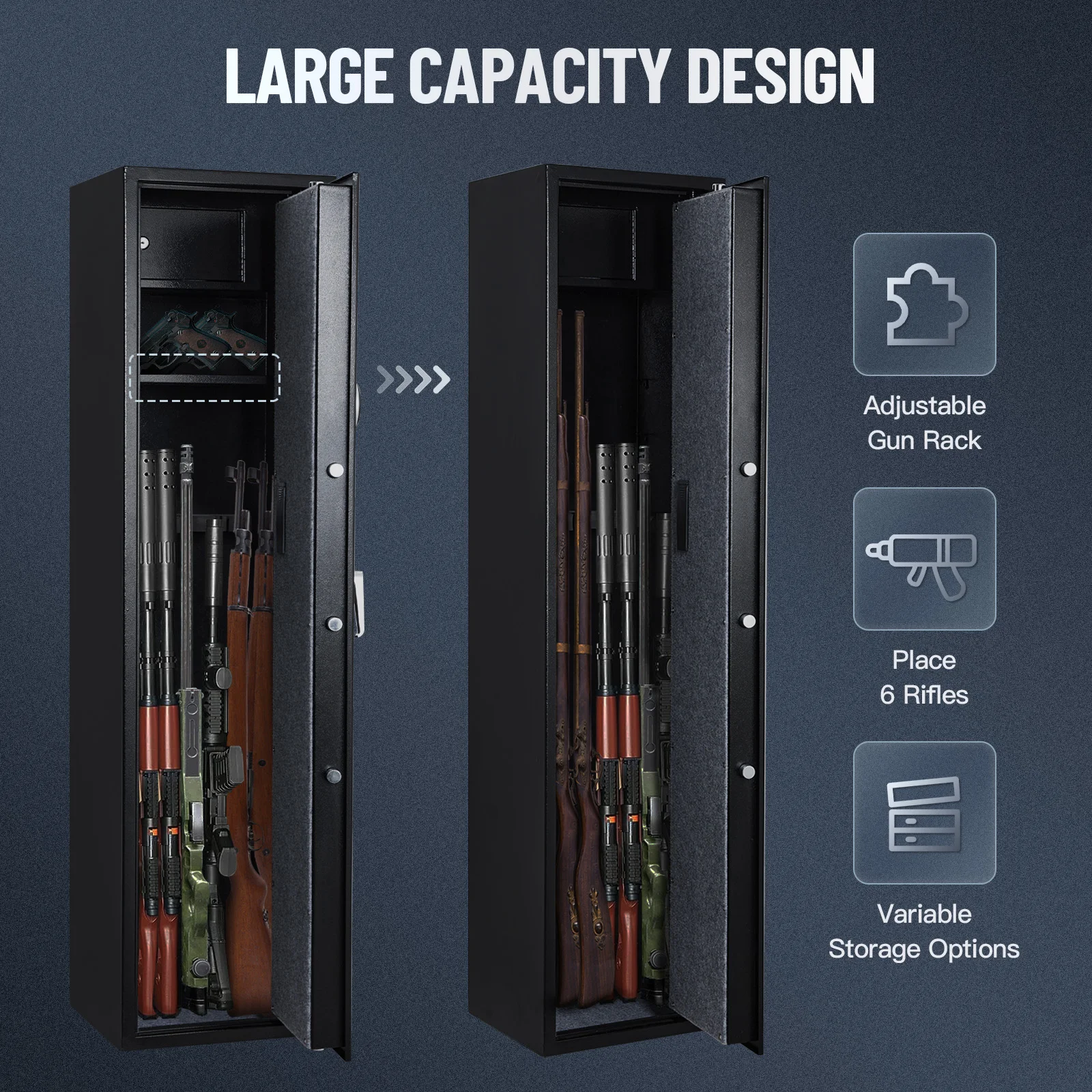 5-6 Long Rifle Gun Safe Security Cabinet for Home Shotgun, Fingerprint Lock, Removable Storage Shelf & Adjustable Gun Rack