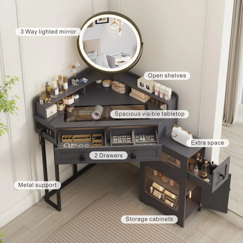 

Modern Glass Top Makeup Vanity Desk with Built-in Mirror, Lights, and Charging Station