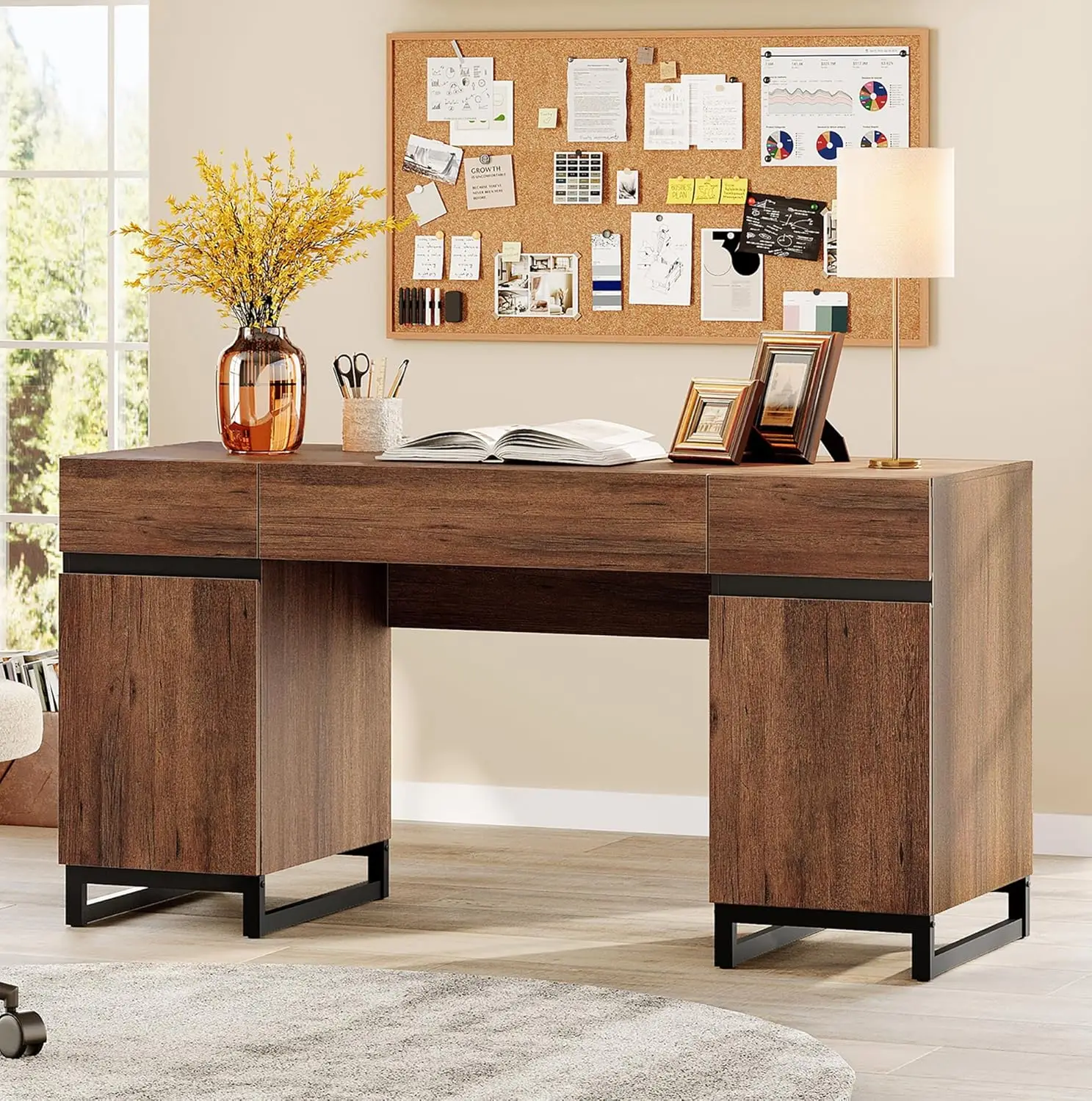 

59" Modern Executive Desk with Drawers - Home Office Computer Desk w/ Charging Station, File Drawer, Storage, Dark Brown