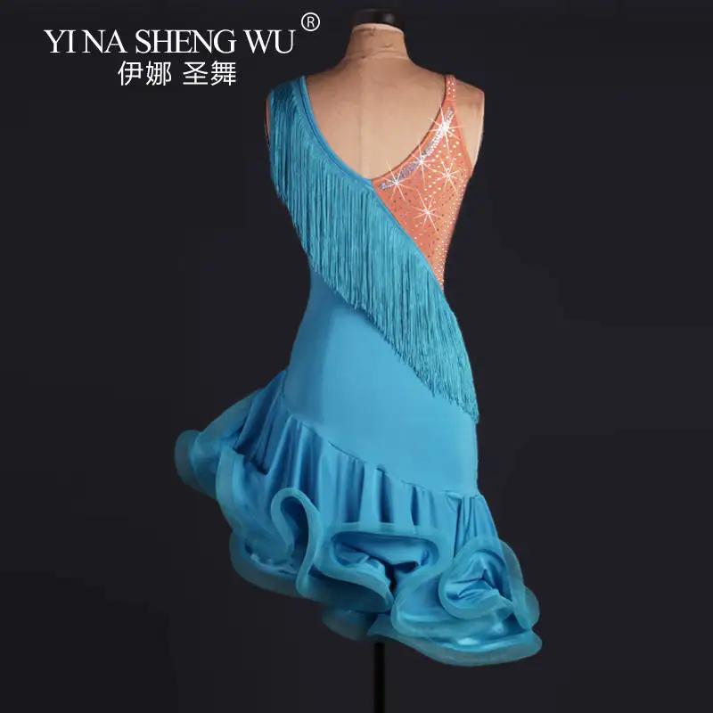 Abito da ballo latino di fascia alta da donna Costume da competizione di ballo latino professionale con nappa di diamanti Gonna a lisca di pesce Abito da ballo Samba