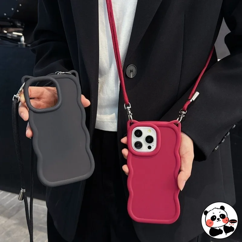 Cat Ear Wave Shell With Lanyard Phone Case For Samsung Galaxy A17 F17 M17 A16 M16 F16 A15 F15 A14 M14 F14 A13 M13 5G 4G Cover