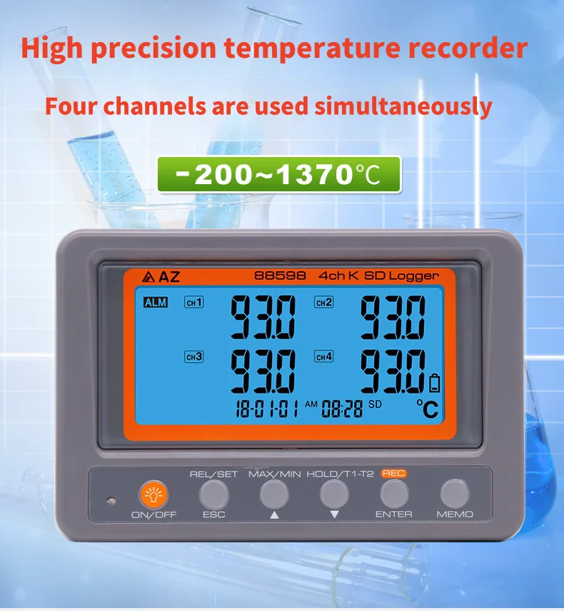 AZ88598 Industrial 4G SD Card 4 Channel Thermocouple Temperature Meter Data Logger Large LCD Digital ThermometerAZ88598 Industri