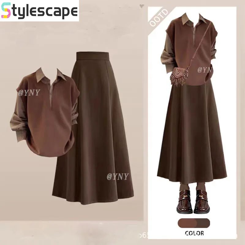 

Retro Maillard Style Contrasting Polo Collar Knitted Sweater for Women, Winter Light Mature Style Half Skirt Set Dress Sets