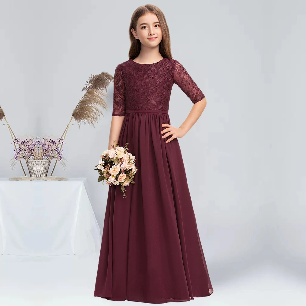 Vestido de dama de honor junior de encaje de gasa hasta el suelo con escote redondo, vestido de princesa Cabernet para niña pequeña, vestido de niña de flores para fiesta de boda