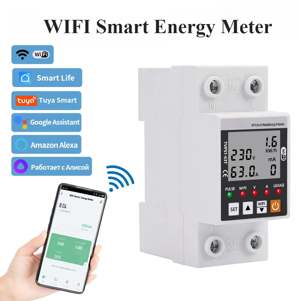 

63A TUYA WiFi Smart Earth Leakage Over Under Voltage Protector Relay Device Switch Breaker Energy Power kWh Meter Smart Life