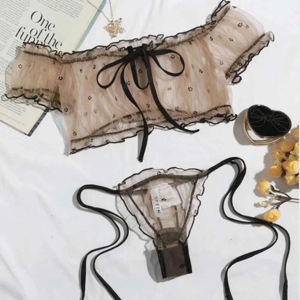 

Women's Sexy Lingerie Set Strapless Bralette & Panty Cute Flower Transparent Erotic Underwear
