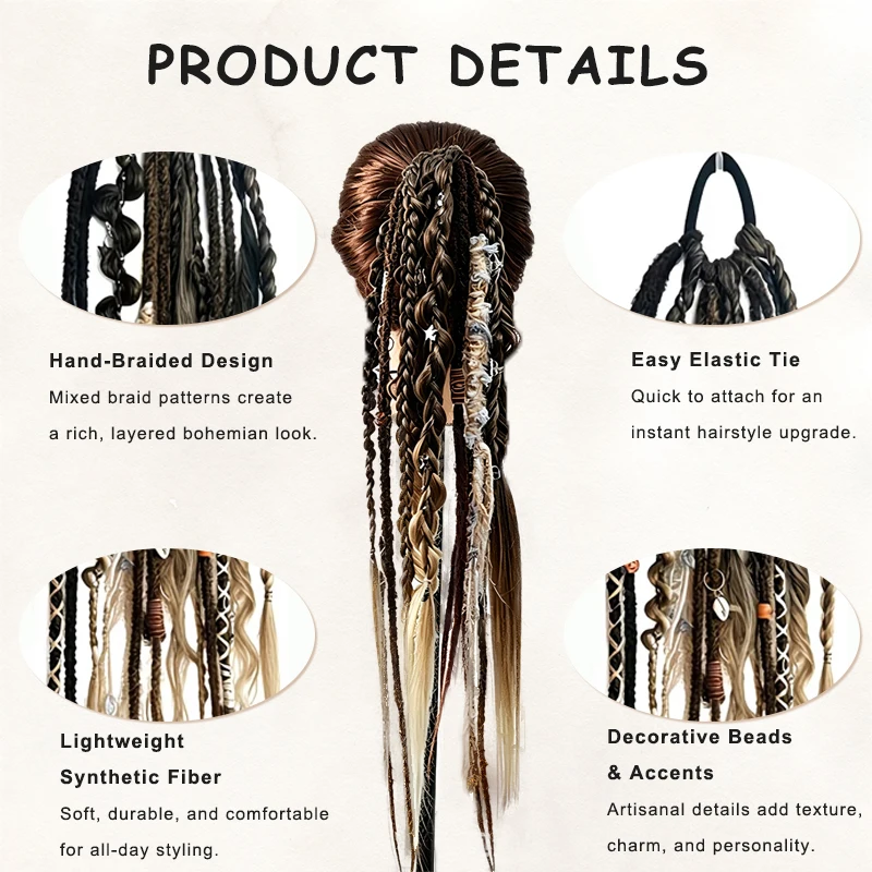 24 Zoll synthetischer Boho-Dread-Pferdeschwanz zum Anklippen, Wikinger-Zopf mit Muschelanhänger-Perlen, Haarverlängerungen für Frauen – Detail 3
