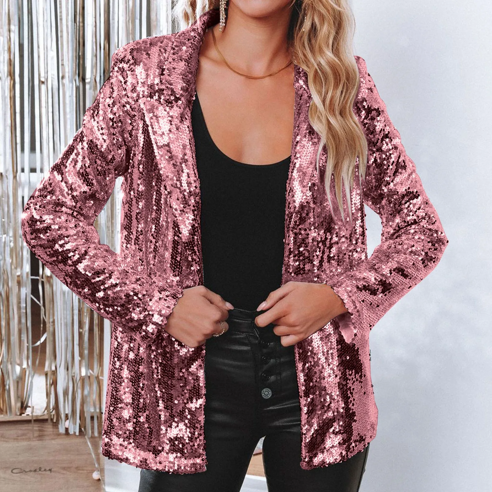 Female Solid Color Sequins Suit Jacket Casual Fashionable Long Sleeve Glitter Party Shiny Lapels Blazer Outerwear