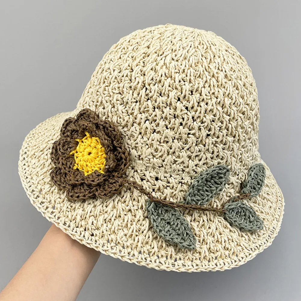 Elegant Crochet Straw Hat with Ruffle Detail Womens Summer Beach Straw Cap UV Protection Hand-Woven Sun Hat
