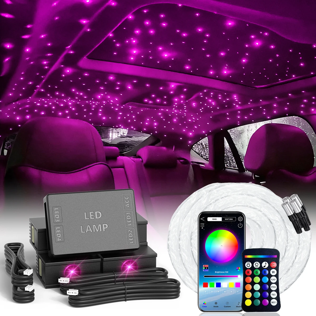 2026 Neu RGBW 12V 16W 1/2/4 Split Sternenhimmel-Atmosphärenlicht APP-Steuerung Glasfaser Auto Sternenhimmel Deckenbeleuchtung Kits Innenraum