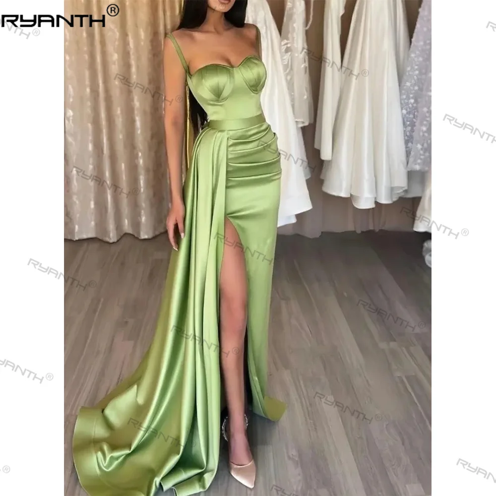 

Ryanth Satin Pleated Prom Dresses Women 2024 Spaghetti Strap Formal Evening Gowns with Slit Popular Celebration Party Dress