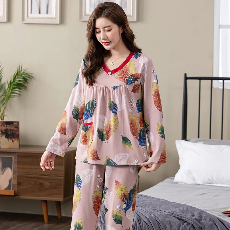 Pajamas Sets Women Floral Full Cotton Fashion Lace Women Long Sleeve Sleepwear Suit 2 piece Sexy Autumn Home Lounge Gift XXXXL