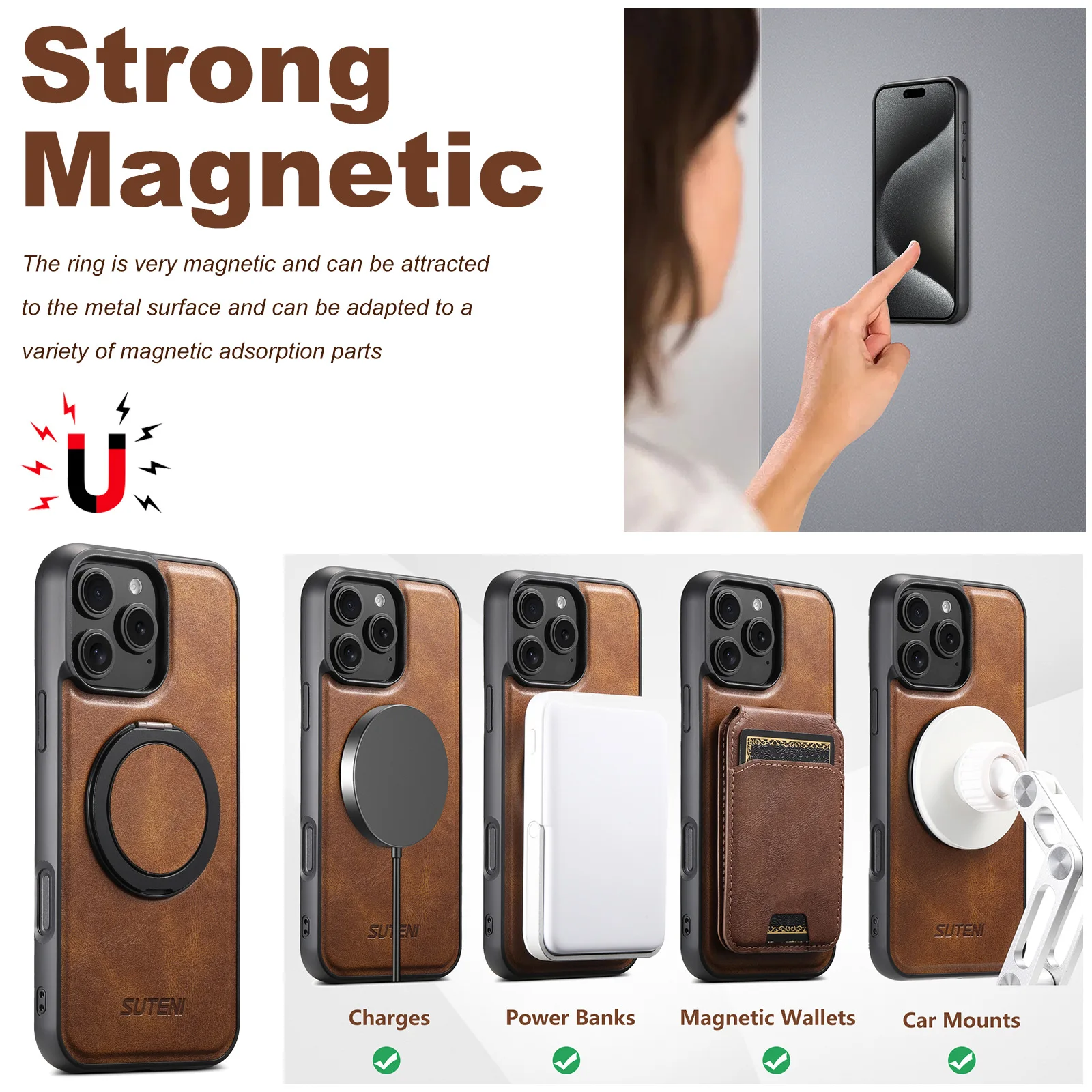 360° Rotation Magnetic Wireless Charging Leather Case for iPhone 14 12 13 15 16 17 18 Pro Max Plus 17Air Ring Holder Stand Cover