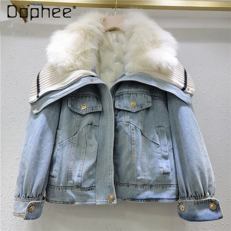 

2024 Winter New Denim Imitation Fox Fur Jacket Fashionable Large Lapel Warm White Duck Down Liner Warm Denim Jacket Women