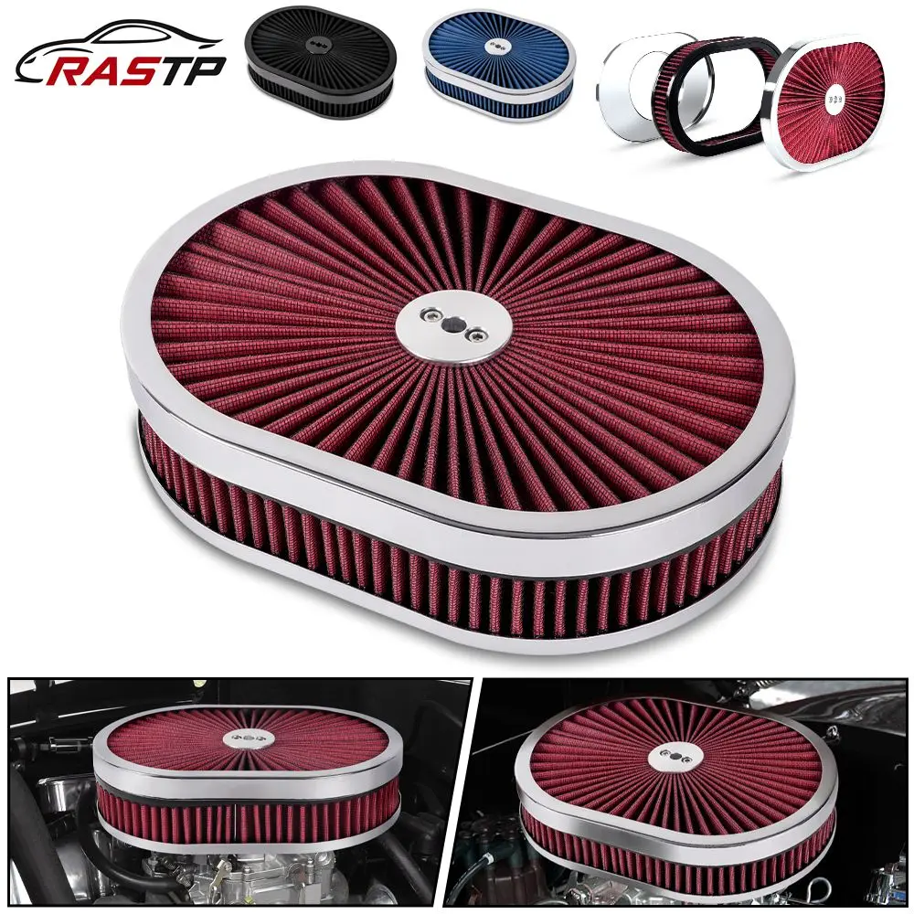 

High Flow Chrome 12"x2" Oval Air Cleaner Filter Assembly 5-1/8" Carb Neck w/ Flow-Thru Lid for GMC Chevy Ford Chryler Dodge