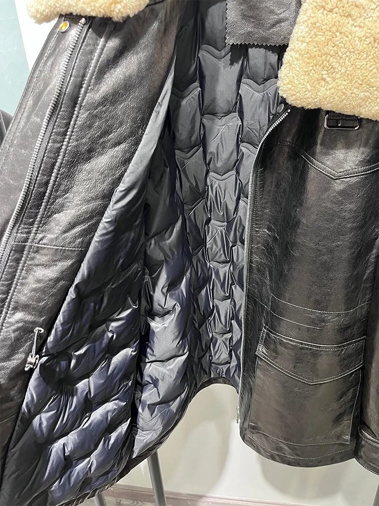 المرأة الدافئة أوزة أسفل سترة جلد الغنم الحقيقي سترة الطبيعية ميرينو الأغنام الفراء طوق معطف فاخر سترة منفوخة #4