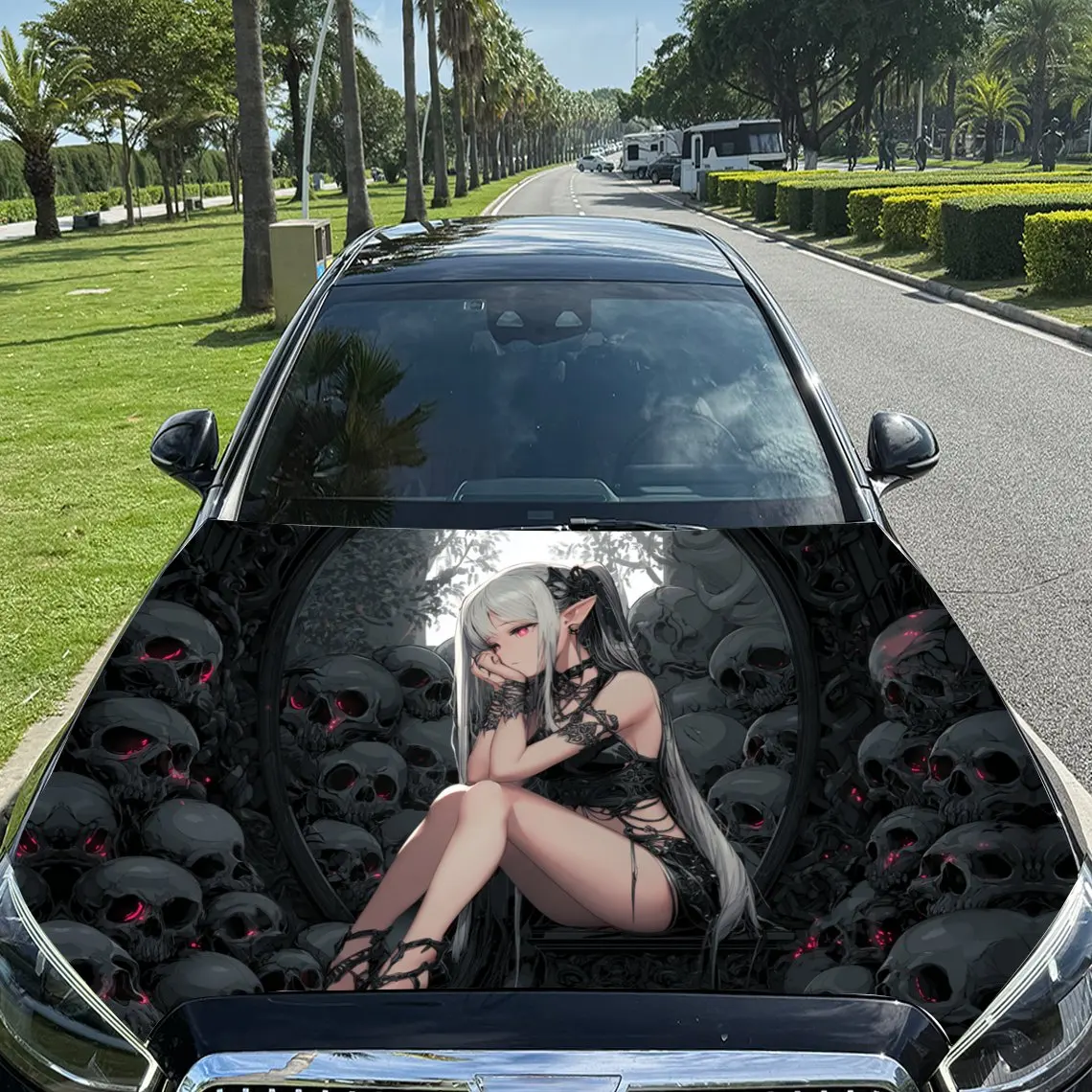 White - Haired Elf and Skulls Surrounding Car Vinyl Wrap, PVC Material Waterproof Car Hood Sticker, Self-Adhesive Scratch-Resist
