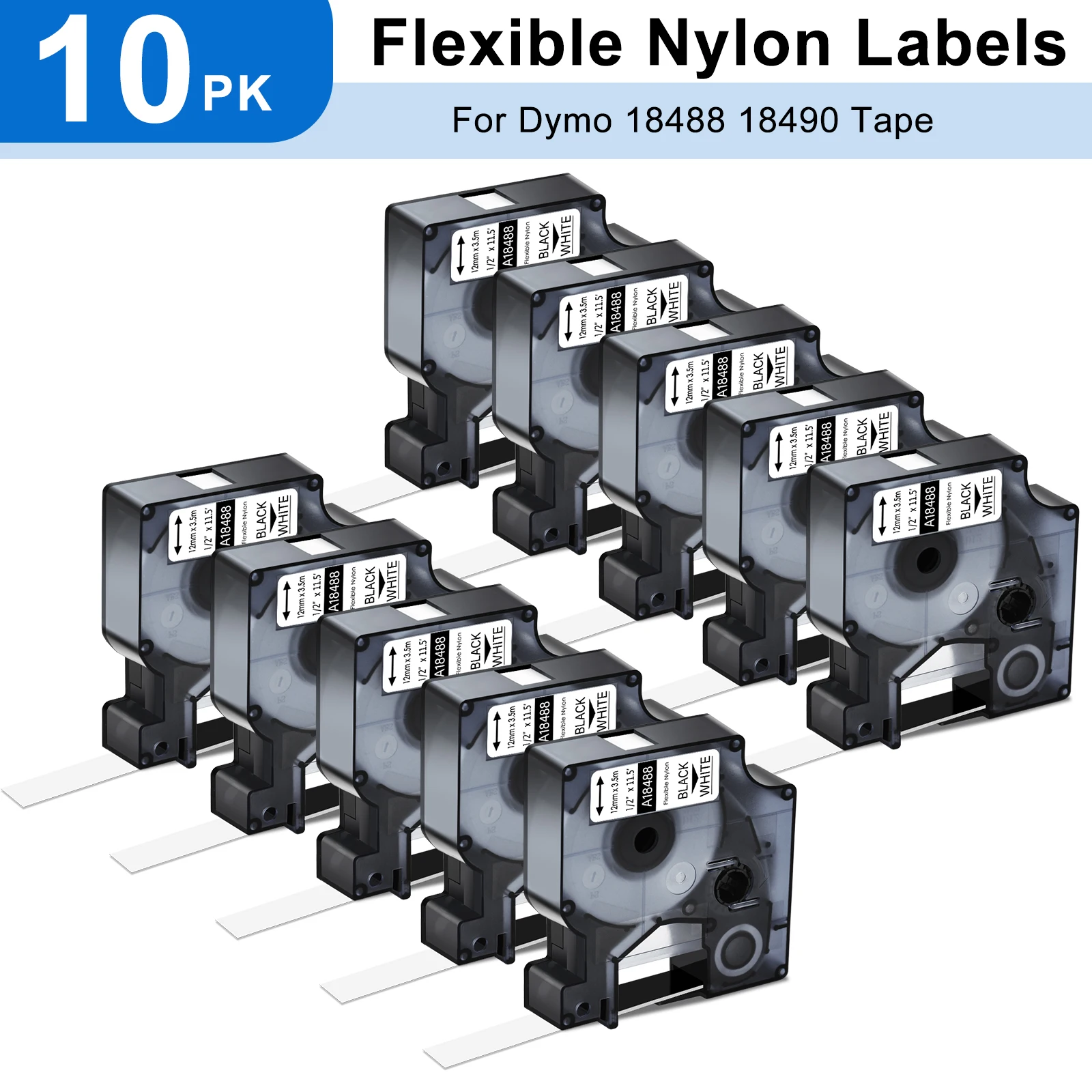 

3/4/5/10PK Flexible Nylon Labels For Dymo 18488 18489 18490 18491 Black on White 12/19mm Tape for DYMO 4200 5200 Label Makers