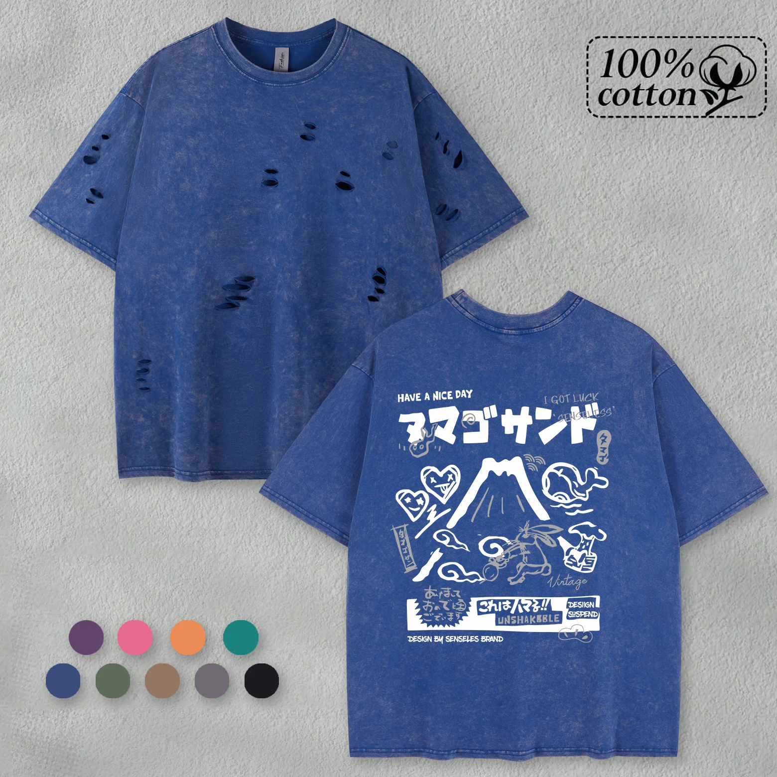 

Volcano Rabbit, американская винтажная потертая мужская футболка с дырками, новая летняя футболка, мягкие хлопковые топы унисекс с короткими рукавами и круглым вырезом