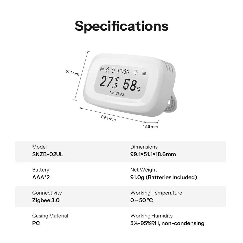 مستشعر درجة الحرارة والرطوبة SONOFF E-Ink زيجبي شاشة 2.9 بوصة AirGuard SNZB-02UL عرض الوقت والطقس والتاريخ يعمل مع أليكسا وجوجل - 6