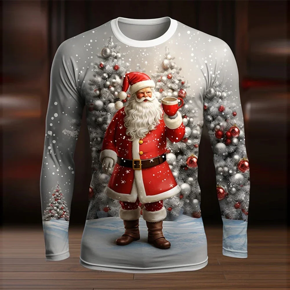 Santa Claus 3D printed men's long sleeves T-shirt shirt Happy New Year Pattern oversized T-shirt fun holiday gift Men clothes