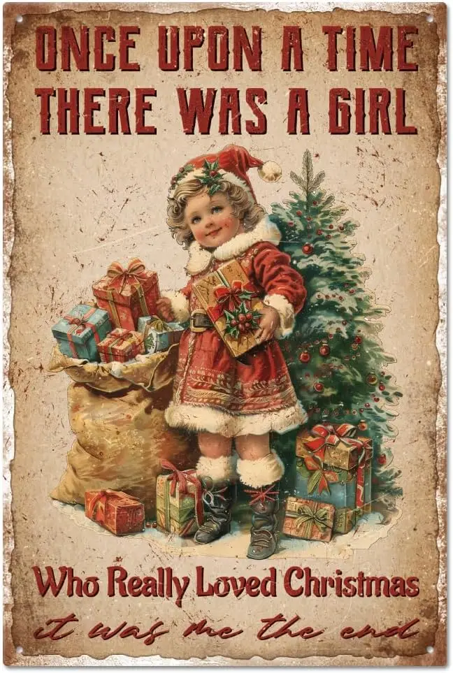 GLOBLELAND Christmas Woman Tin Sign Christmas Tree and Gift Metal Tin Sign Vintage Metal Tin Sign 12×8inch 