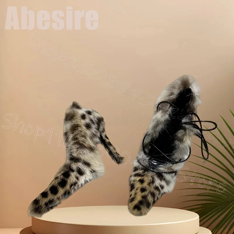 Sznurowane czółenka damskie z futrzanym wzorem w panterkę, szpiczaste, na cienkim obcasie, modne buty na przyjęcie, bankiet, 2025 Zapatos Para Mujere