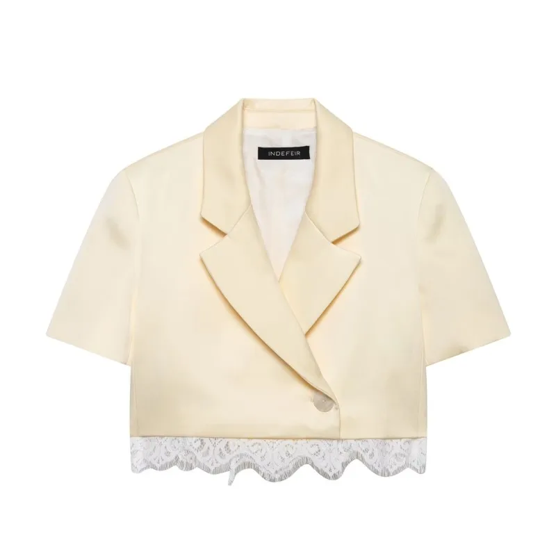 Women's Satin Skirt Set 2026 Spring 2 Piece Cropped Double-Breasted Blazer Contrast Lace Skort Two Piece Set Female Outfit