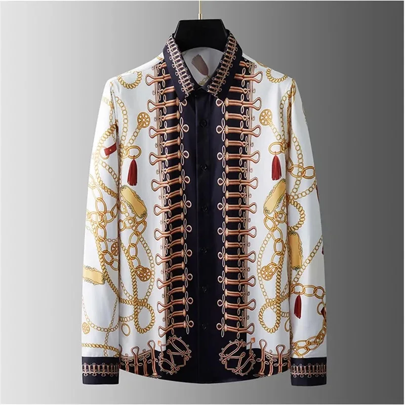 Luxurious printed shirts, men's long-sleeved casual shirts, fashionable street fashion, extra-large men's clothing without iron