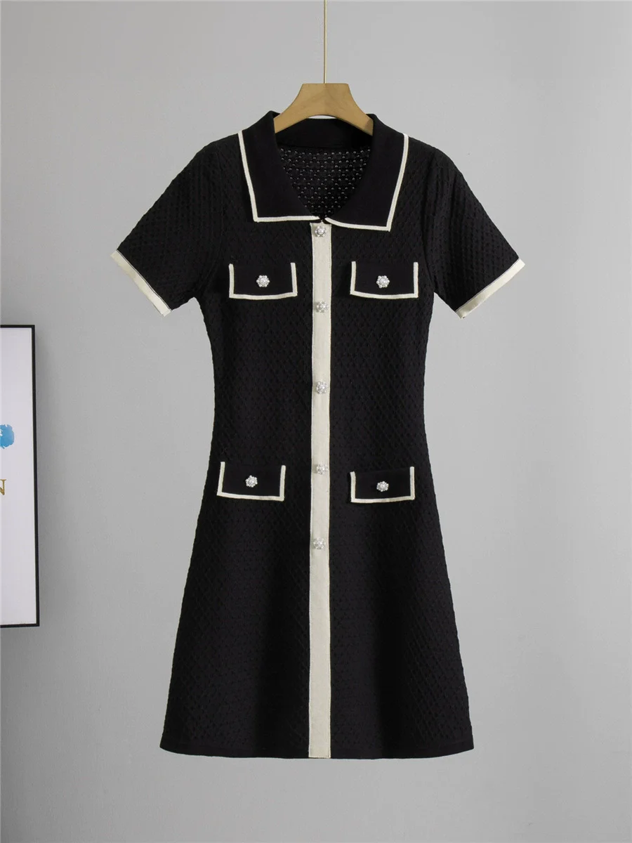 Design coreano elegante vestido forrado feminino polo pescoço de malha manga curta vestidos verão fino chique único breasted vestidos
