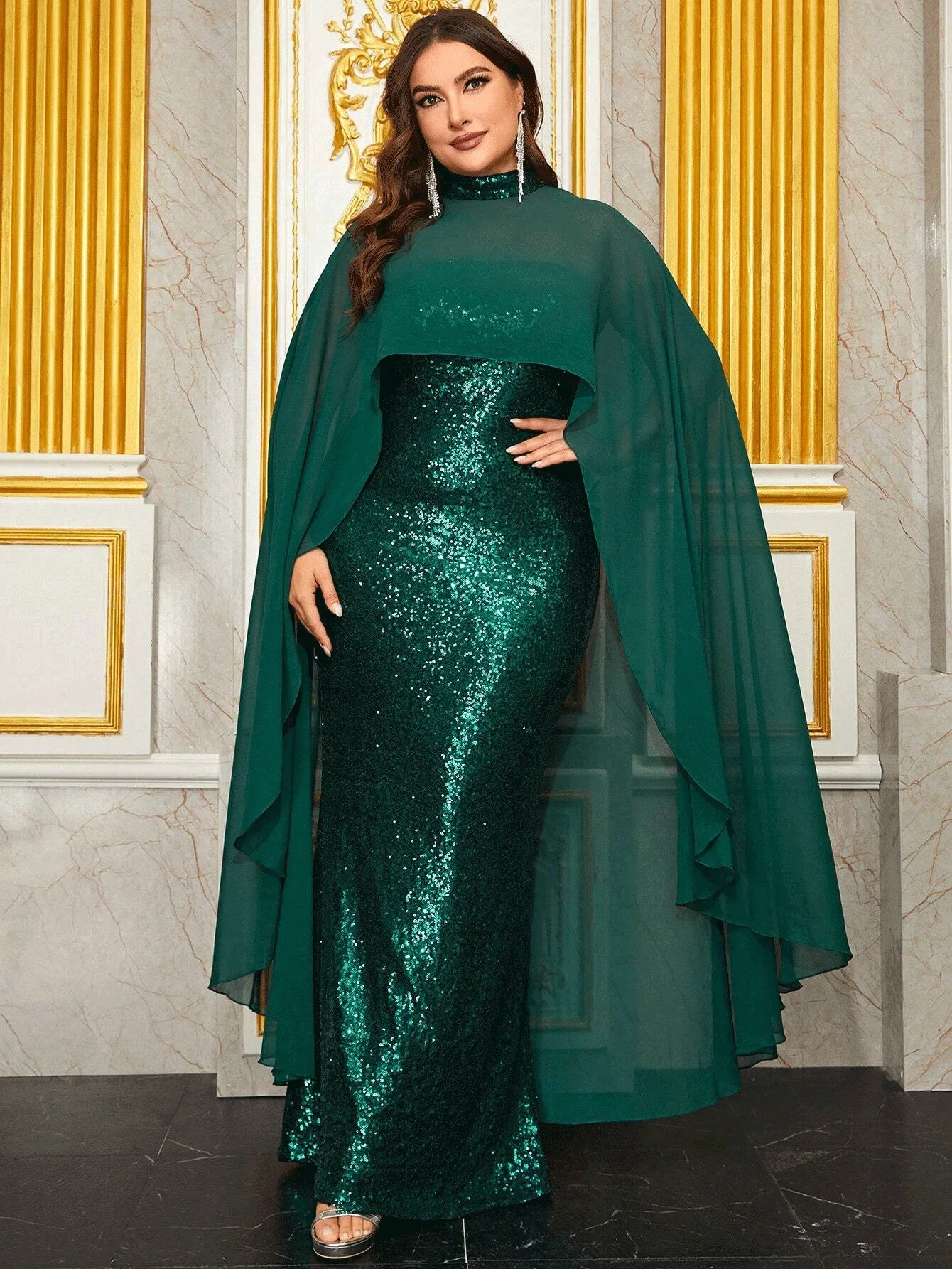 Plus size 4XL5XL chest-wrapped long floor-length sequined evening dress chiffon cape dark green luxury BigSize evening dress