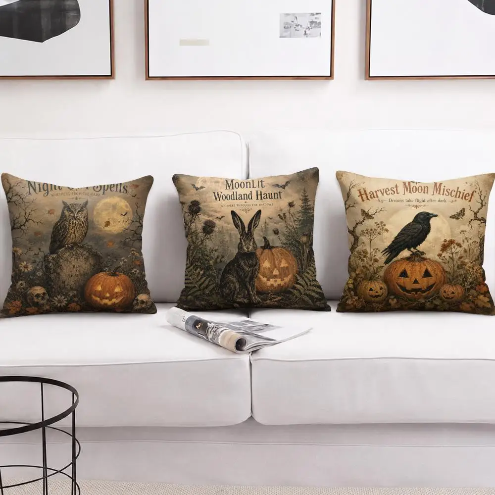Vintage Halloween Woodland Cushion Cover Short Plush Soft Double-Sided Printing Pillow Case Cozy Sofa Bedroom Home Decor Gift