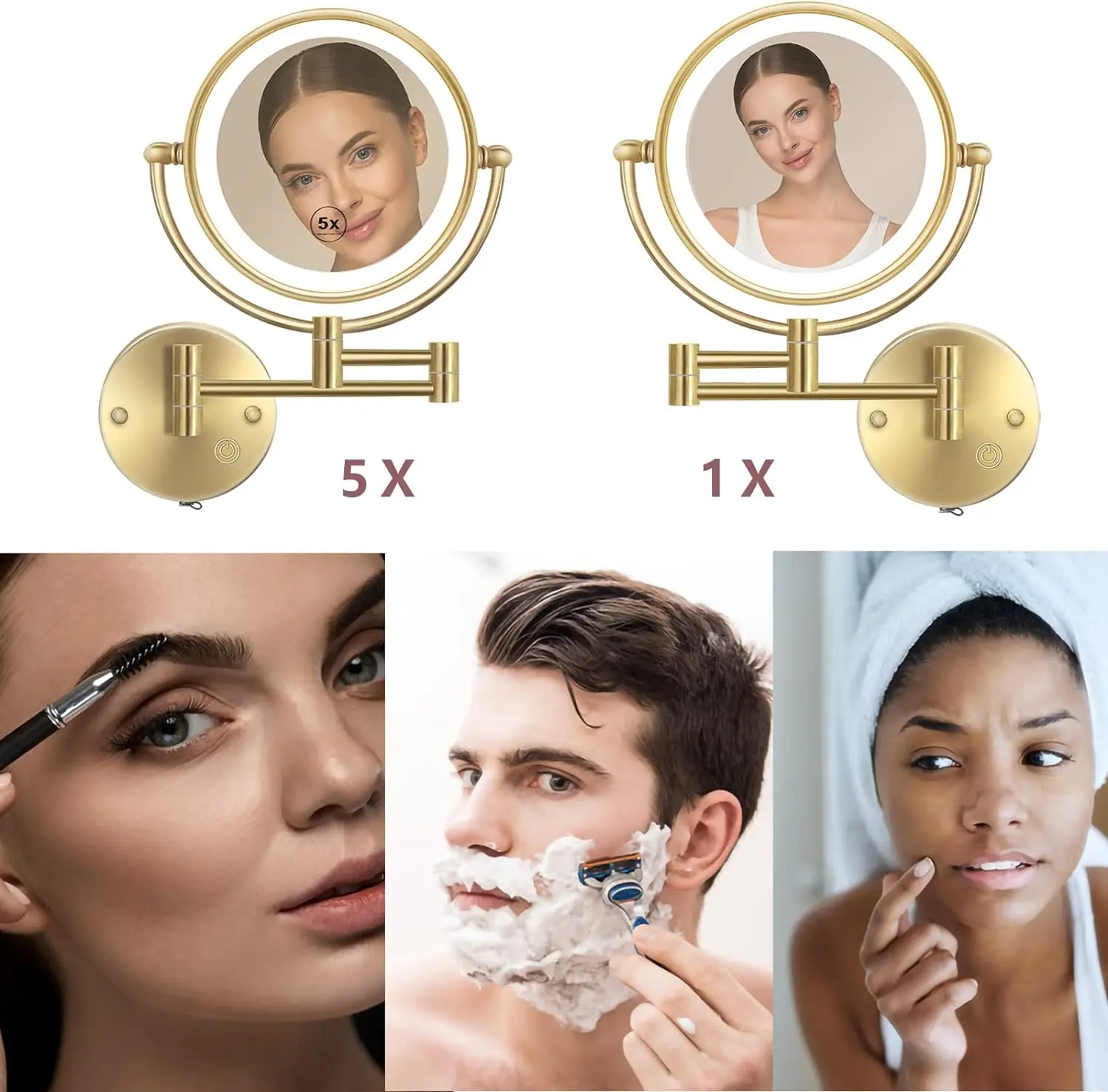 Touch on Bathroom Mirrors with 5X Magnifying Led Folding Make-up Mirror Bathroom Fixture Touch-on Led Folding Bathroom Mirror