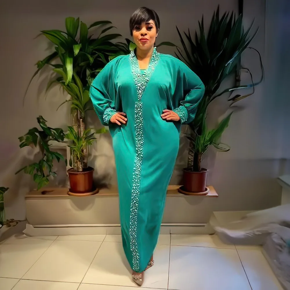 Afrikanische Mutter Abayas V-ausschnitt Fledermaus Ärmel Robe Eid Muslimischen Diamant Perlen Maxi Kleid Marokkanischen Plus Größe Einfarbig Party Kleid Neue