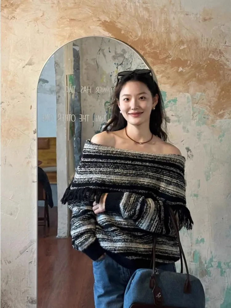

Advanced Knitted Top Women'S Autumn/Winter New Style Tassel Large Collar Off Shoulder Contrast Striped Loose Sweater