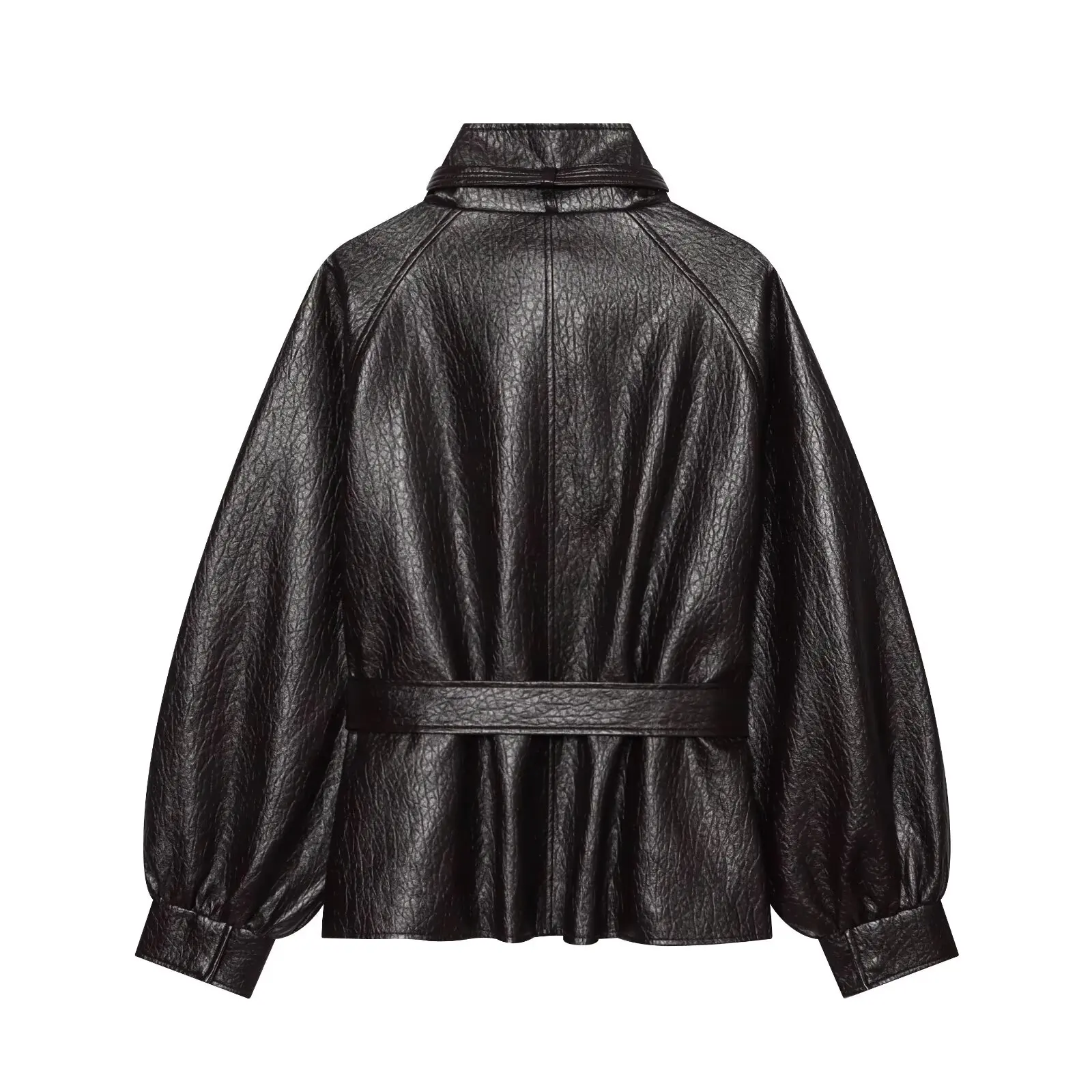 BSAY Vintage Einfarbige Kunstlederjacke für Damen, Neuer Stehkragen mit Halsriemen, Schnallen-Gürtel an der Taille, Laternenärmel, Lässiger Außenmantel – Detail 3