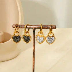 Stylish Stainless Steel 18k Gold Plated Glass Stone Paved Heart Dangle Hoop Earrings for Women Jewelry Party Gift