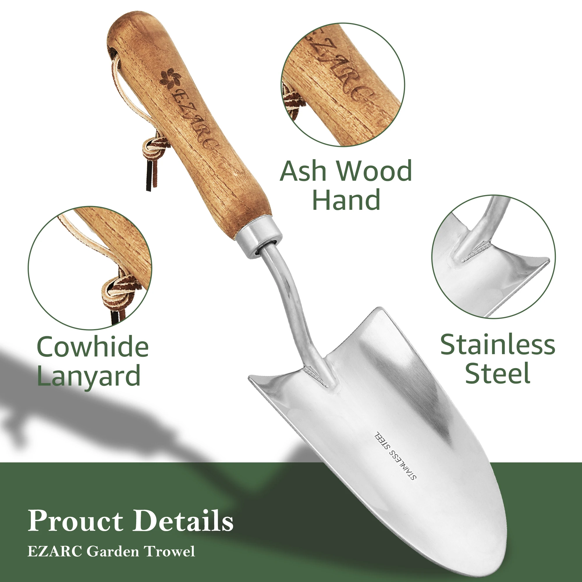 Spatola da giardino EZARC, pala a mano in acciaio inossidabile per giardinaggio, vanga da giardino con manico in legno per il trapianto
