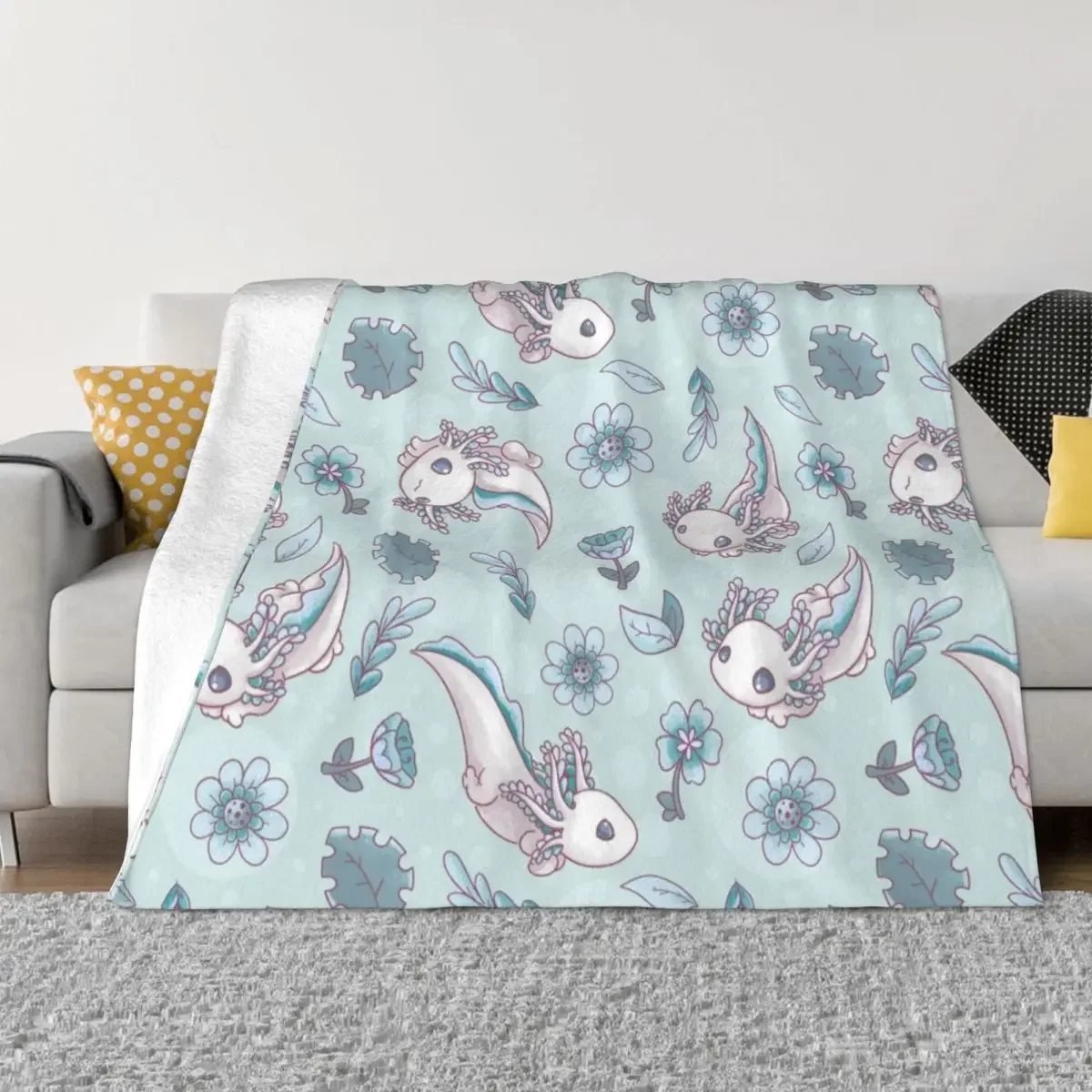 

Floral Speckled Axolotl Blanket Flannel Summer Air Conditioning Kawaii Animal Throw Blankets for Bedding Outdoor Bedding Throws